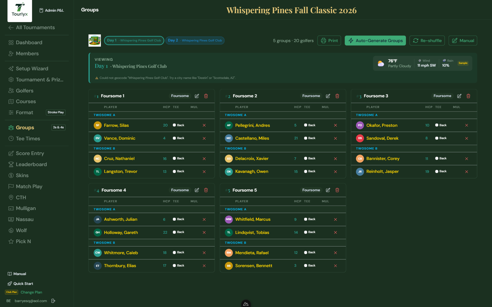 Auto-generated foursomes, split into Twosome A / Twosome B for match-play scoring.