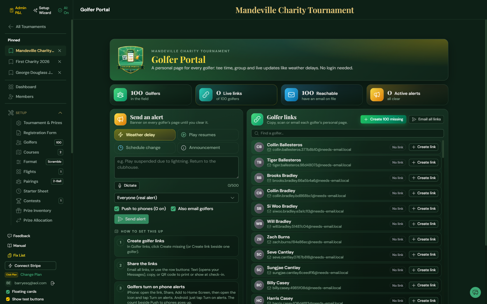 The Golfer Portal page — send an alert, and create or share each golfer's personal link.